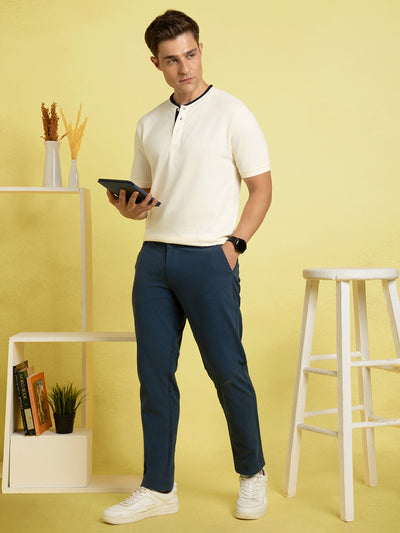 Men's Off-White Solid Henley Neck Half Sleeves T-shirt