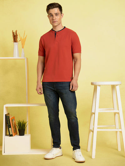Men's Rust Solid Henley Neck Half Sleeves T-shirt