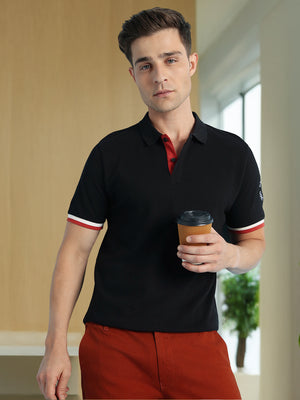 Men's Black Solid Polo Collar Half Sleeves T-shirt