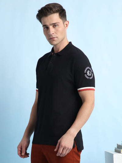 Men's Black Solid Polo Collar Half Sleeves T-shirt