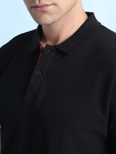 Men's Black Solid Polo Collar Half Sleeves T-shirt