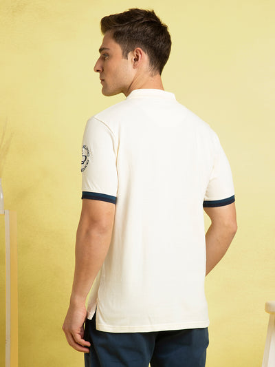 Men's Off-White Solid Polo Collar Half Sleeves T-shirt