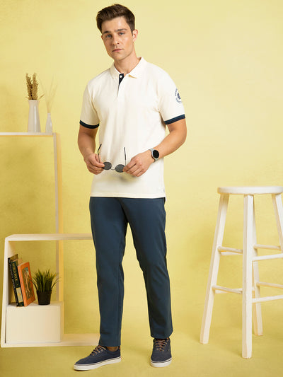 Men's Off-White Solid Polo Collar Half Sleeves T-shirt
