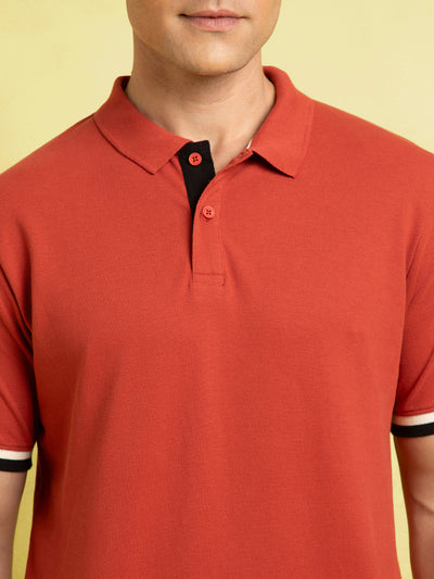 Men's Rust Solid Polo Collar Half Sleeves T-shirt