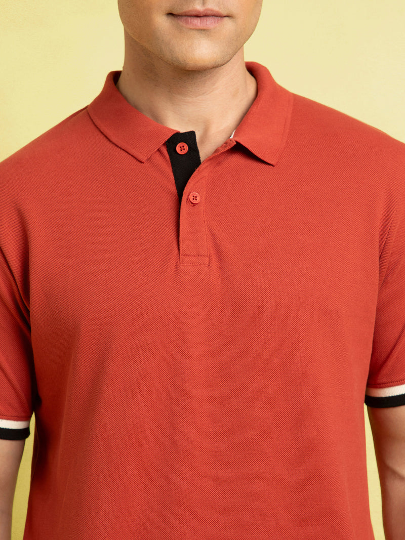 Men's Rust Solid Polo Collar Half Sleeves T-shirt