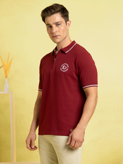 Men's Maroon Solid Polo Collar Half Sleeves T-shirt