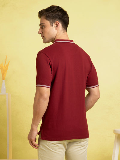 Men's Maroon Solid Polo Collar Half Sleeves T-shirt