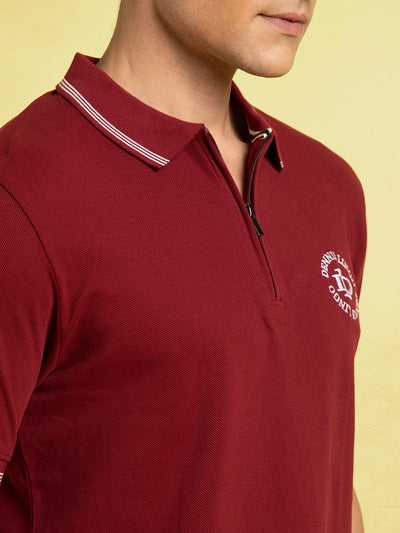 Men's Maroon Solid Polo Collar Half Sleeves T-shirt