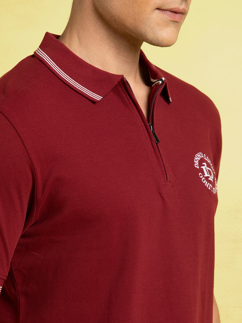Men's Maroon Solid Polo Collar Half Sleeves T-shirt