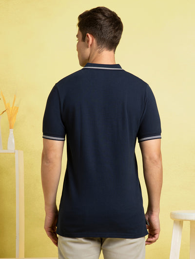 Men's Navy Blue Solid Polo Collar Half Sleeves T-shirt