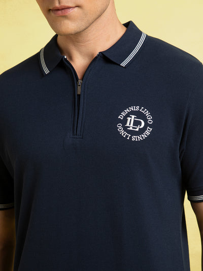 Men's Navy Blue Solid Polo Collar Half Sleeves T-shirt