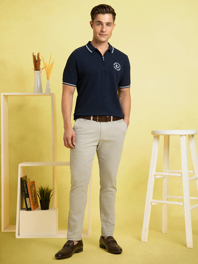 Men's Navy Blue Solid Polo Collar Half Sleeves T-shirt