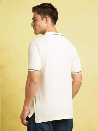 Men's Off-White Solid Polo Collar Half Sleeves T-shirt