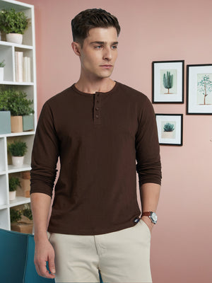 Men's Brown Solid Round Neck Full Sleeves T-Shirt