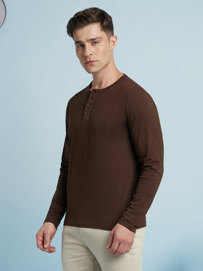 Men's Brown Solid Round Neck Full Sleeves T-Shirt