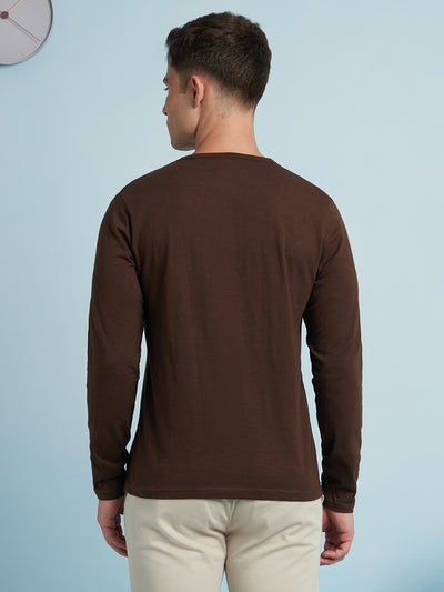 Men's Brown Solid Round Neck Full Sleeves T-Shirt