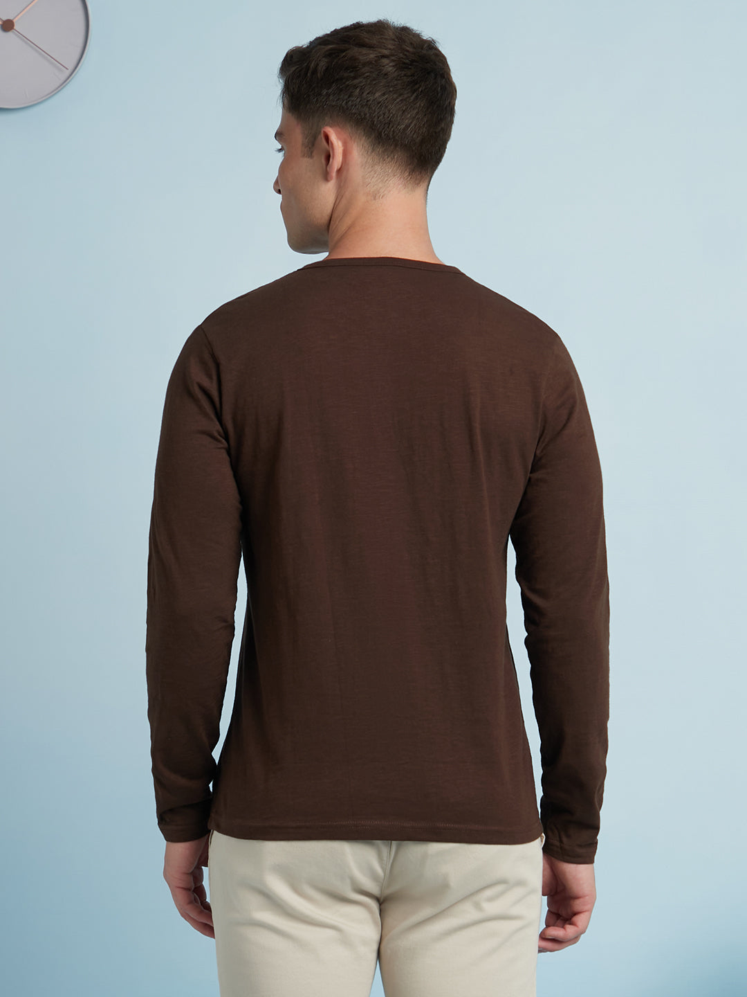 Men's Brown Solid Round Neck Full Sleeves T-Shirt