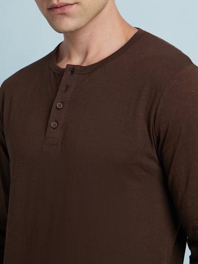 Men's Brown Solid Round Neck Full Sleeves T-Shirt