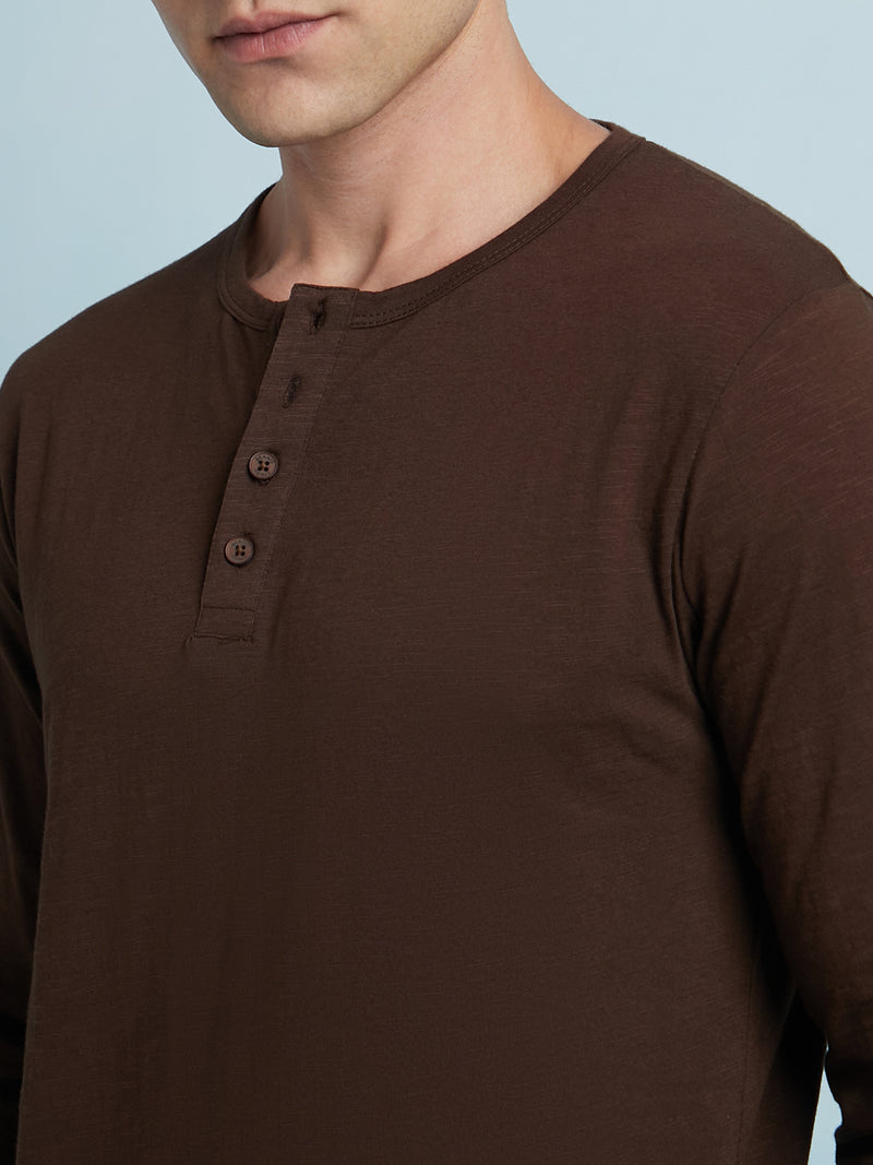 Men's Brown Solid Round Neck Full Sleeves T-Shirt