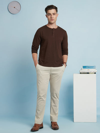 Men's Brown Solid Round Neck Full Sleeves T-Shirt