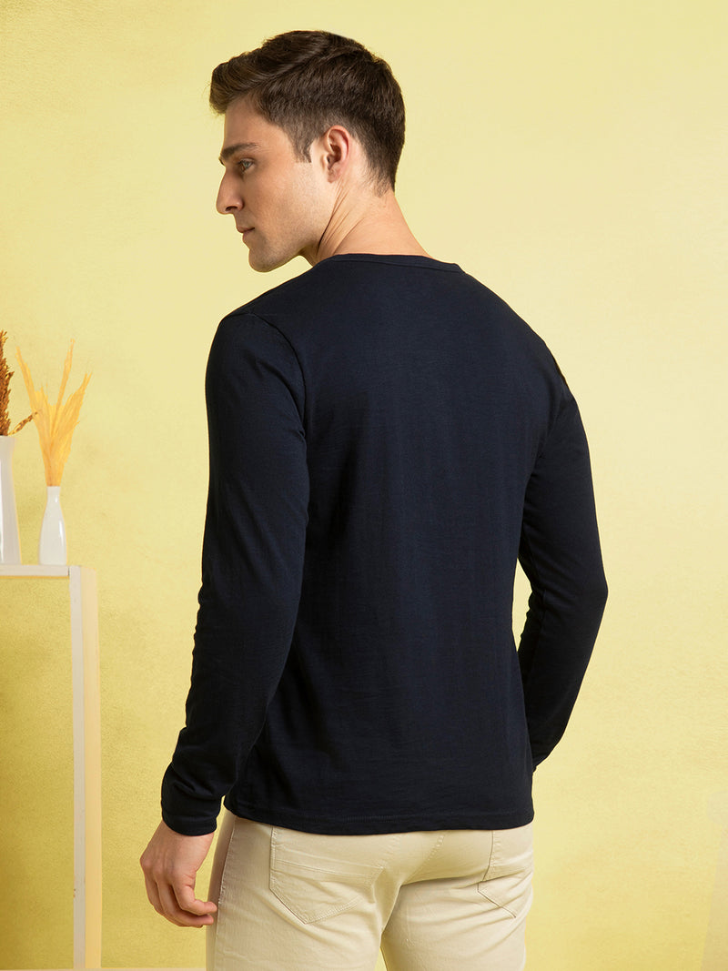 Men's Navy Blue Henley Neck Full Sleeves T-shirt