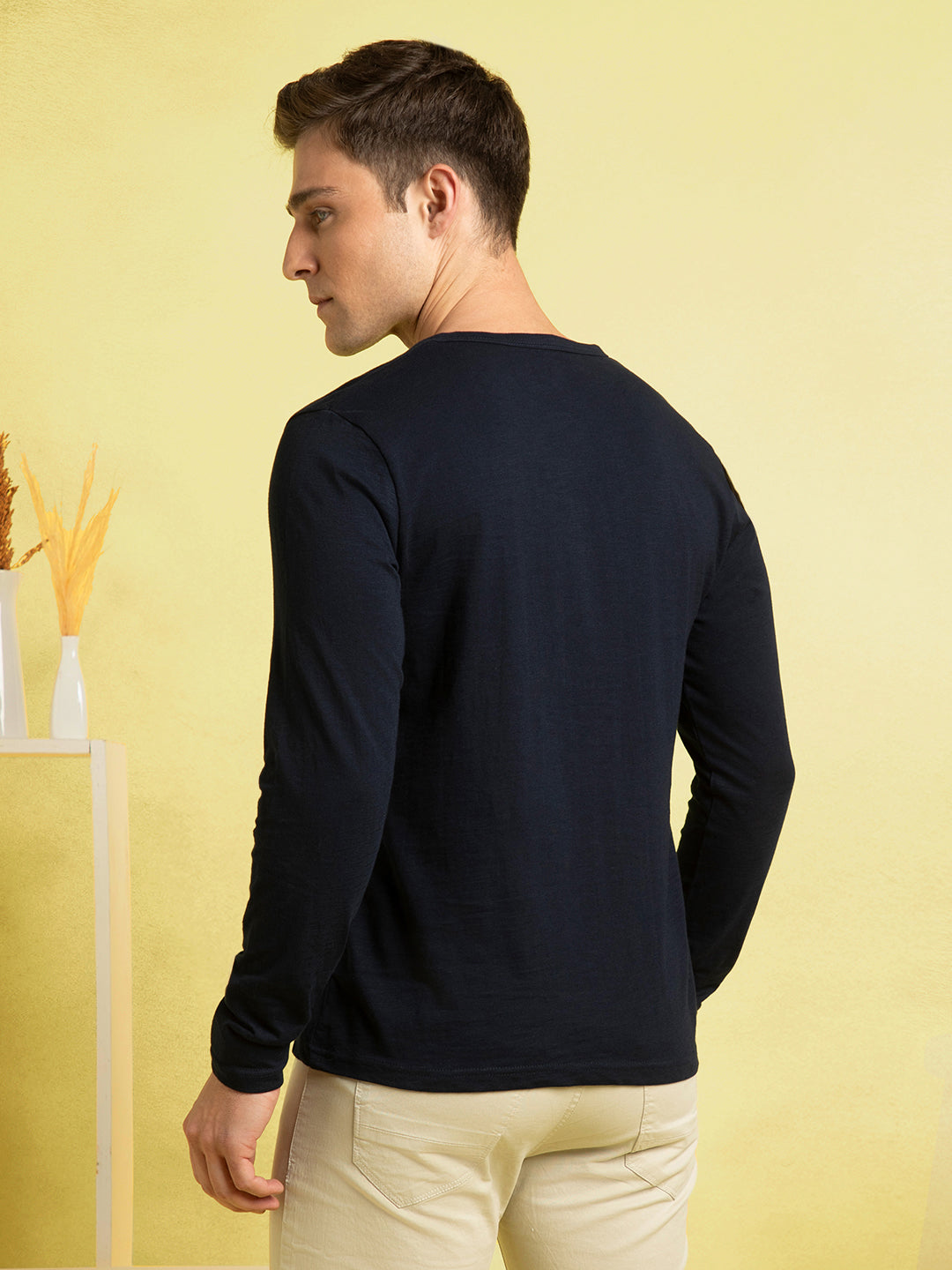 Men's Navy Blue Henley Neck Full Sleeves T-shirt