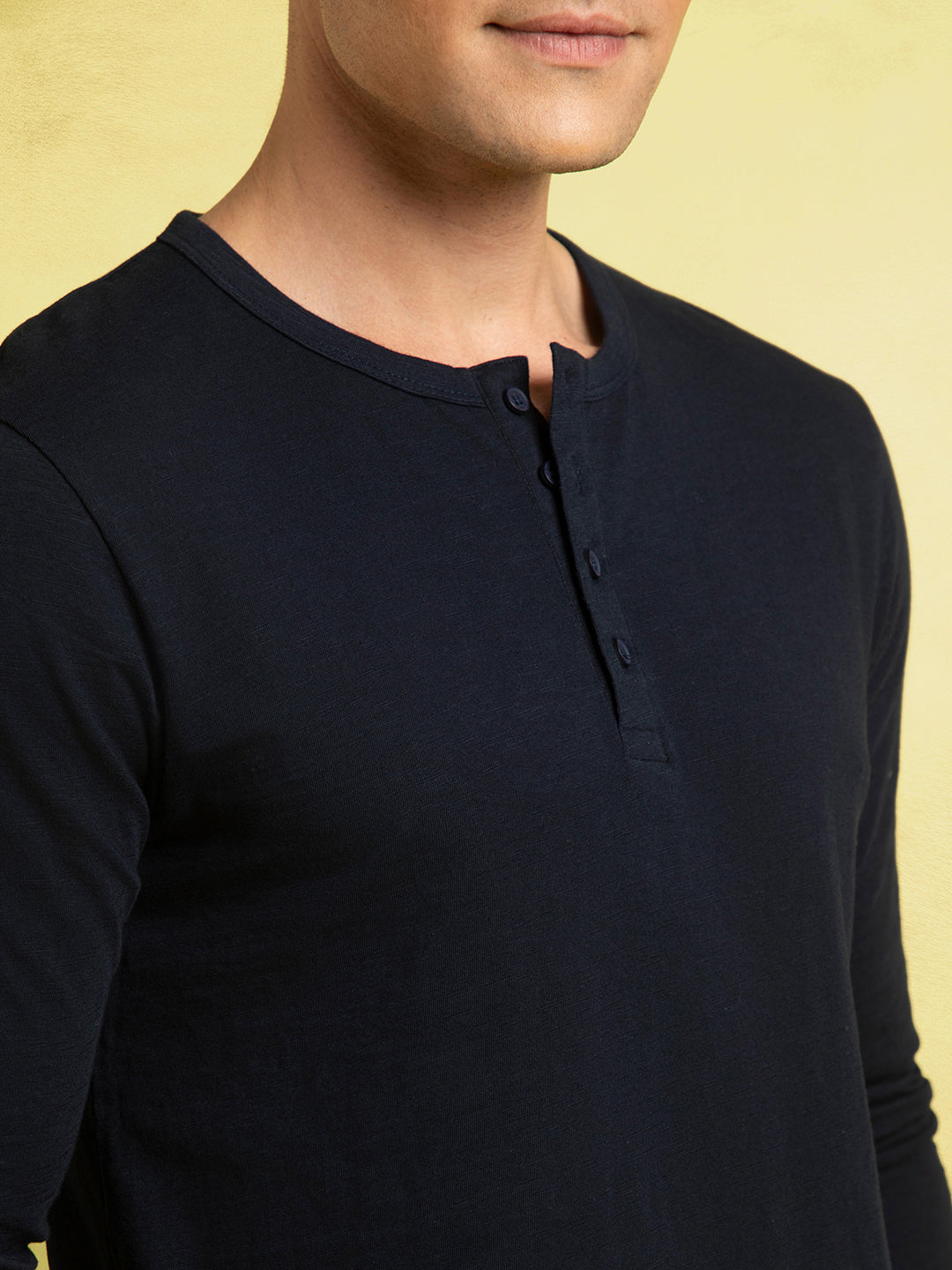 Men's Navy Blue Henley Neck Full Sleeves T-shirt