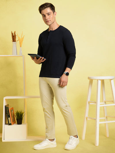 Men's Navy Blue Henley Neck Full Sleeves T-shirt