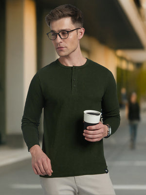 Men's Olive Solid Round Neck Full Sleeves T-Shirt