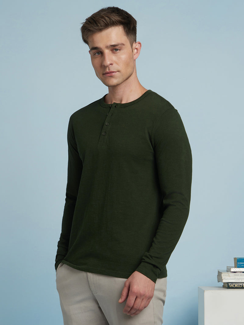 Men's Olive Solid Round Neck Full Sleeves T-Shirt