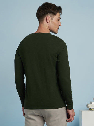Men's Olive Solid Round Neck Full Sleeves T-Shirt