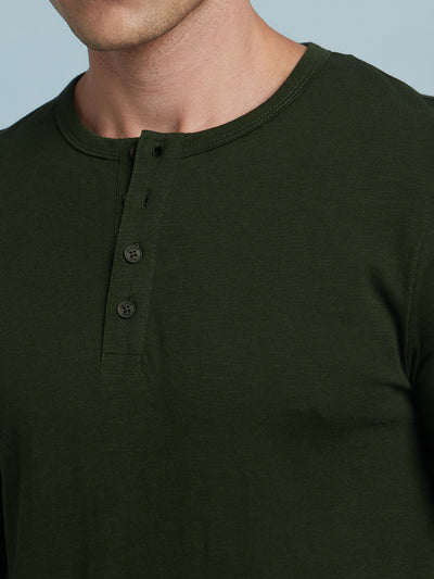 Men's Olive Solid Round Neck Full Sleeves T-Shirt