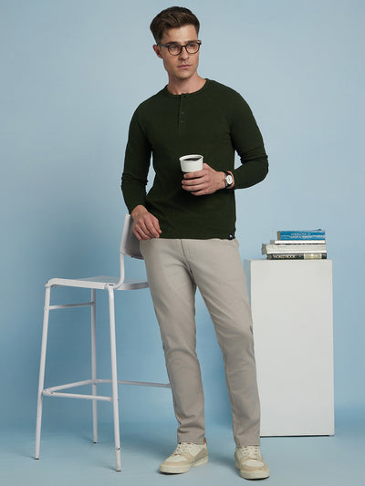 Men's Olive Solid Round Neck Full Sleeves T-Shirt