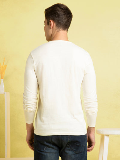 Men's Off-White Henley Neck Full Sleeves T-shirt