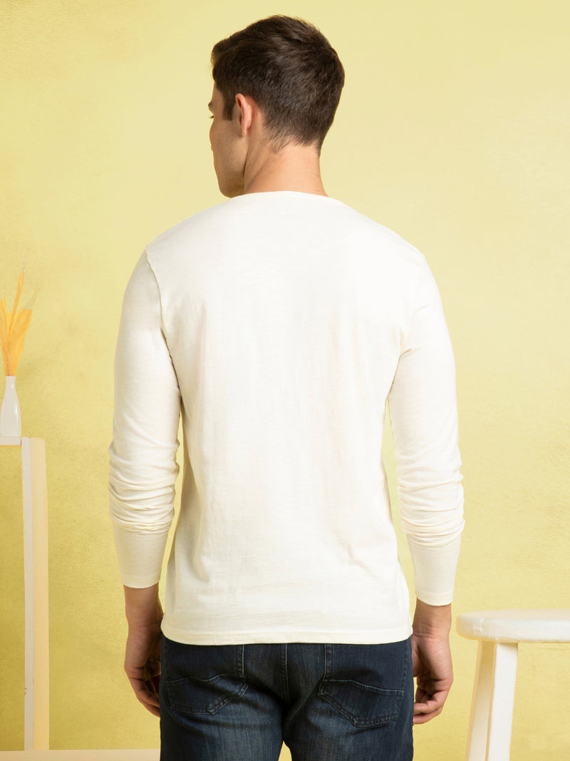 Men's Off-White Henley Neck Full Sleeves T-shirt