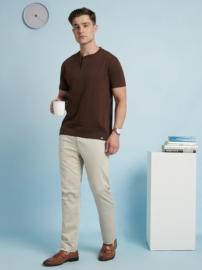 Men Brown Solid Round Neck Half Sleeves Regular Fit T-Shirt