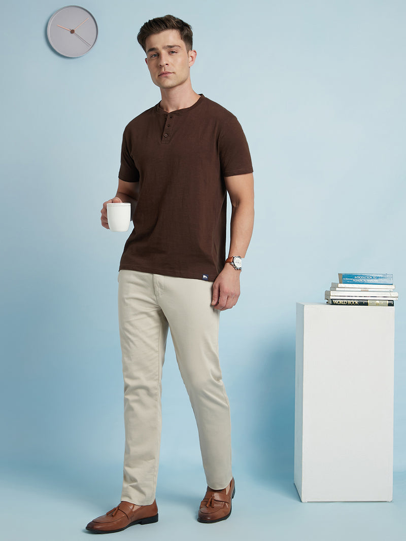 Men Brown Solid Round Neck Half Sleeves Regular Fit T-Shirt