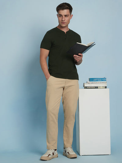Men Olive Solid Round Neck Half Sleeves Regular Fit T-Shirt