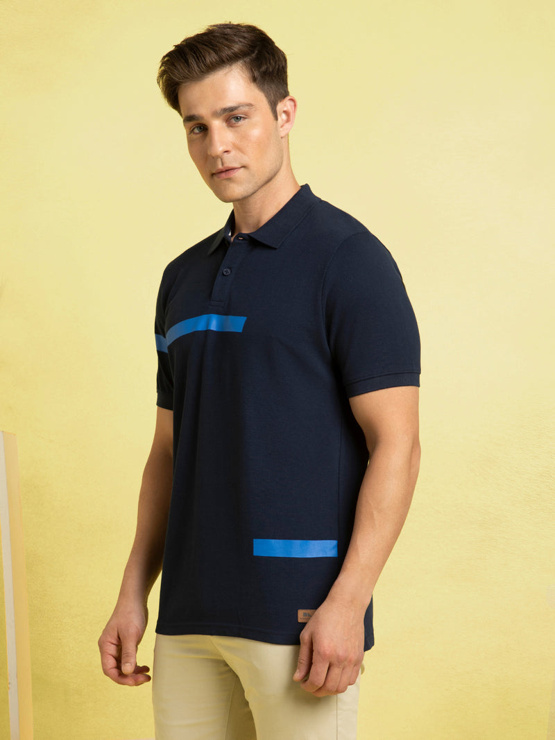Men's Navy Blue Striped Polo Collar Half Sleeves T-shirt