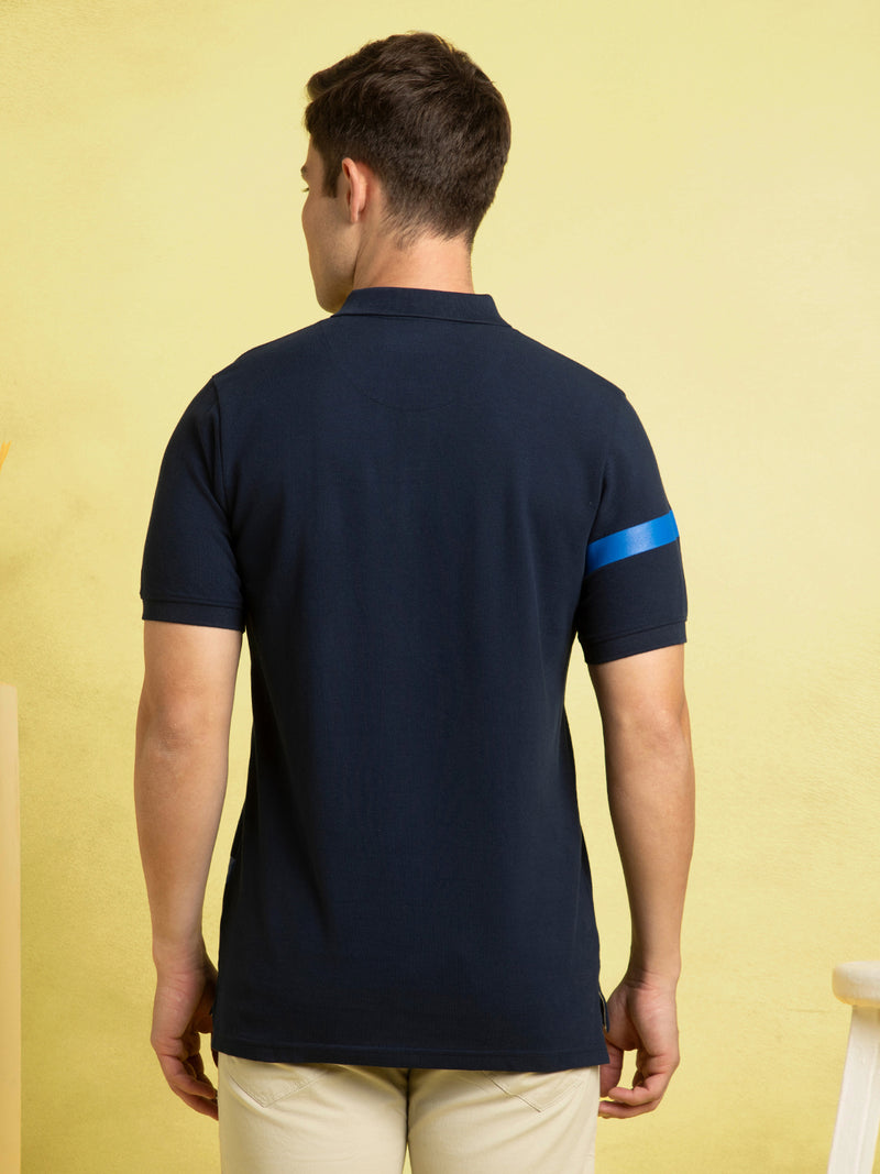 Men's Navy Blue Striped Polo Collar Half Sleeves T-shirt