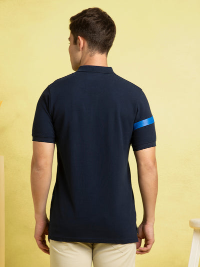 Men's Navy Blue Striped Polo Collar Half Sleeves T-shirt