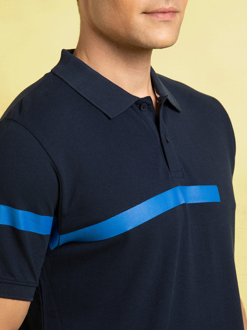 Men's Navy Blue Striped Polo Collar Half Sleeves T-shirt