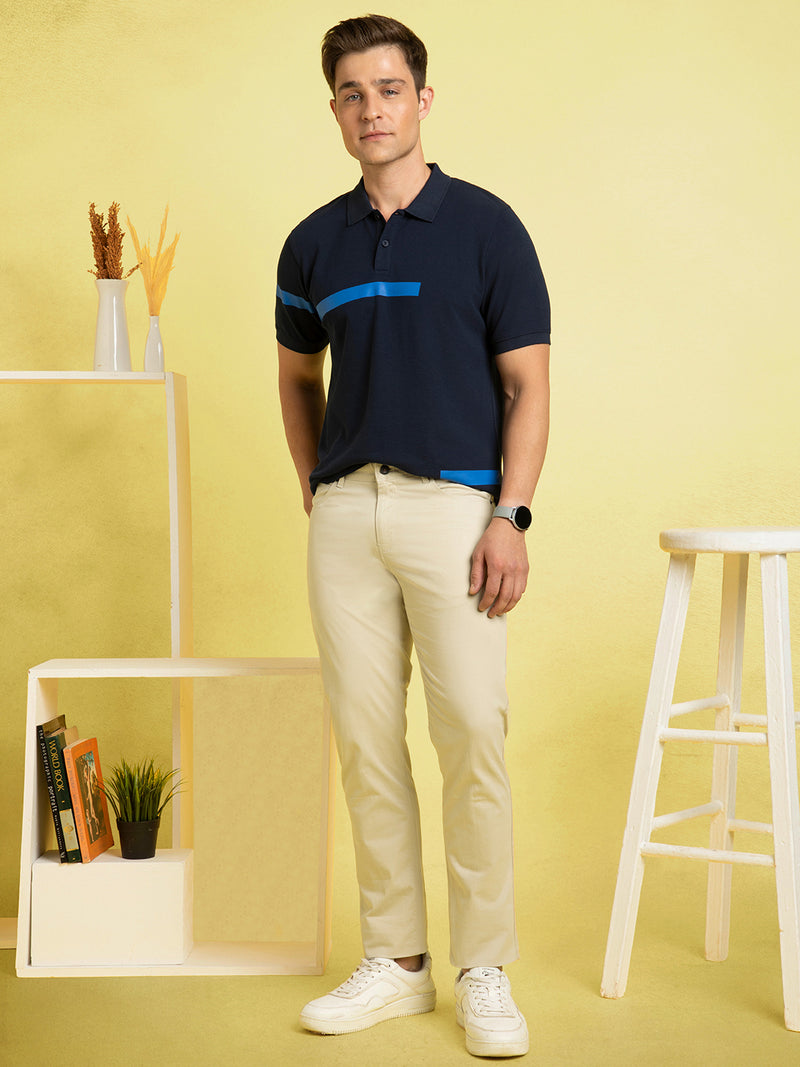 Men's Navy Blue Striped Polo Collar Half Sleeves T-shirt