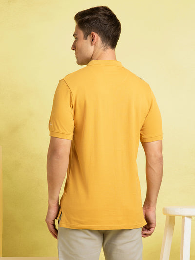 Men's Mustard Striped Polo Collar Half Sleeves T-shirt