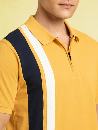 Men's Mustard Striped Polo Collar Half Sleeves T-shirt