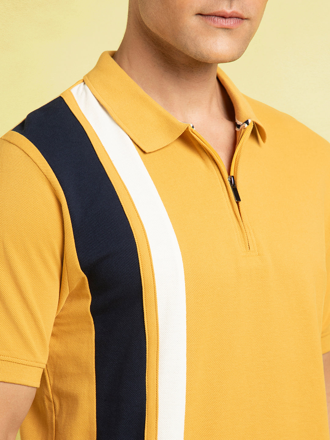 Men's Mustard Striped Polo Collar Half Sleeves T-shirt