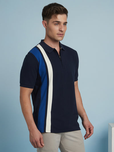 Men's Navy Striped Polo Collar Half Sleeves T-shirt
