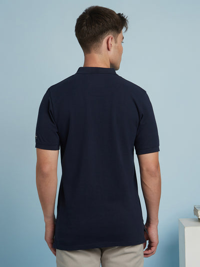 Men's Navy Striped Polo Collar Half Sleeves T-shirt