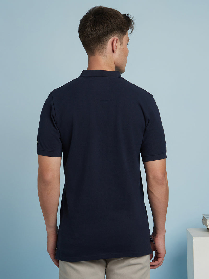 Men's Navy Striped Polo Collar Half Sleeves T-shirt
