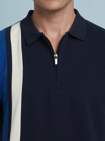 Men's Navy Striped Polo Collar Half Sleeves T-shirt